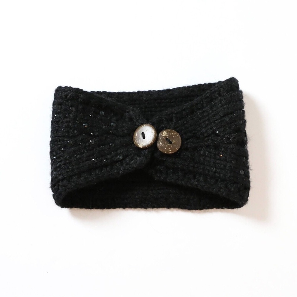 NWOT David & Young knit black headband decorative buttons crystals turban hat
